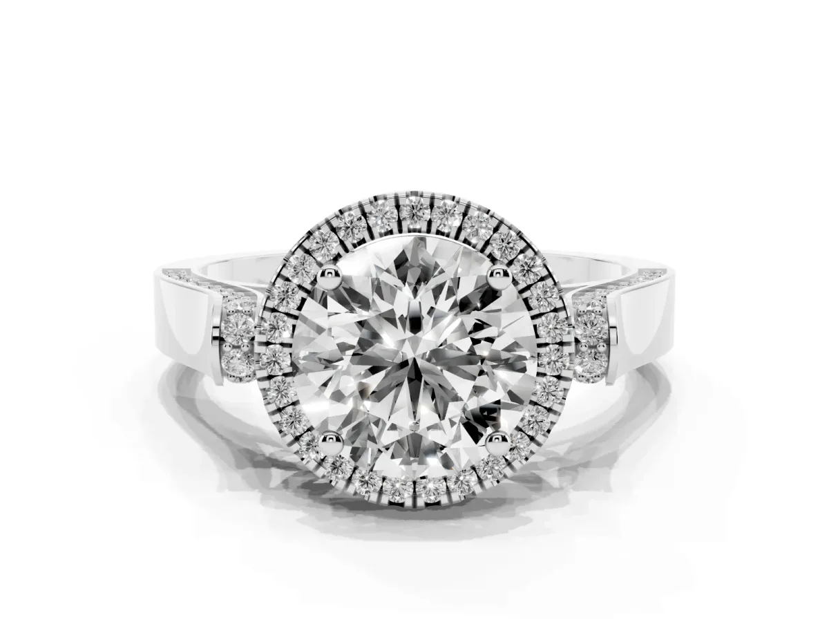 Round Cut Halo Round Diamond Twist Band with Four-Prong Setting Silver