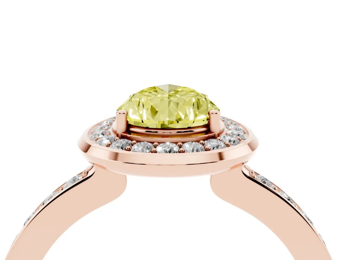 Fancy Yellow Pear Cut Diamond Halo Ring with Bezel Frame and Pavé Band Rose gold