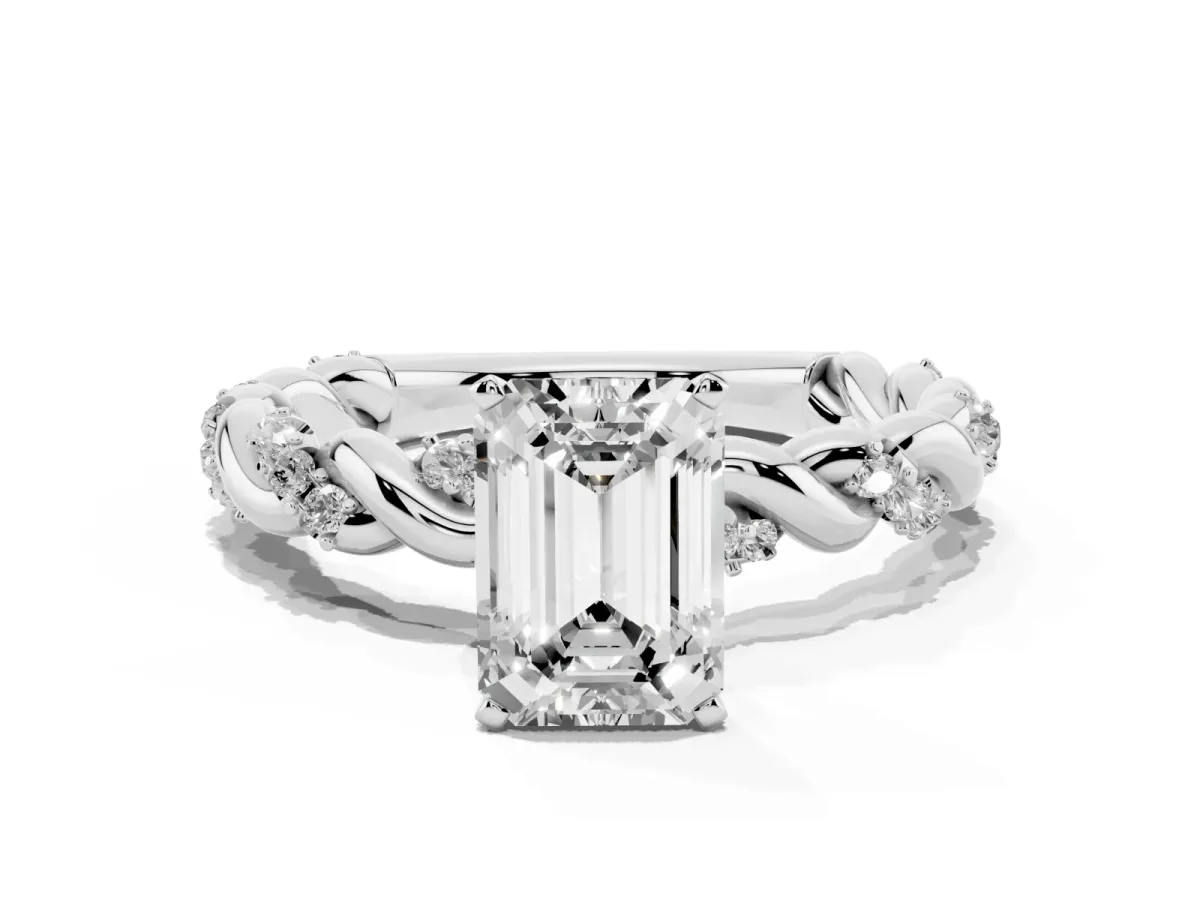 Emerald Cut Diamond Solitaire Ring with Twisted Band and Pavé Accents Silver