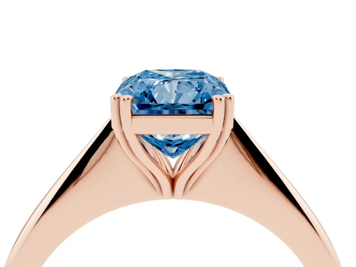 Fancy Blue Radiant Cut Solitaire Diamond Ring with Six-Prong Setting and Classic Band Rose gold