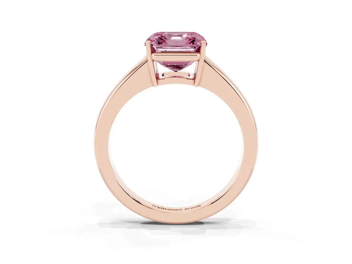 Fancy Pink Asscher Cut Solitaire Diamond Ring with Tapered Band and Four-Prong Setting Rose gold