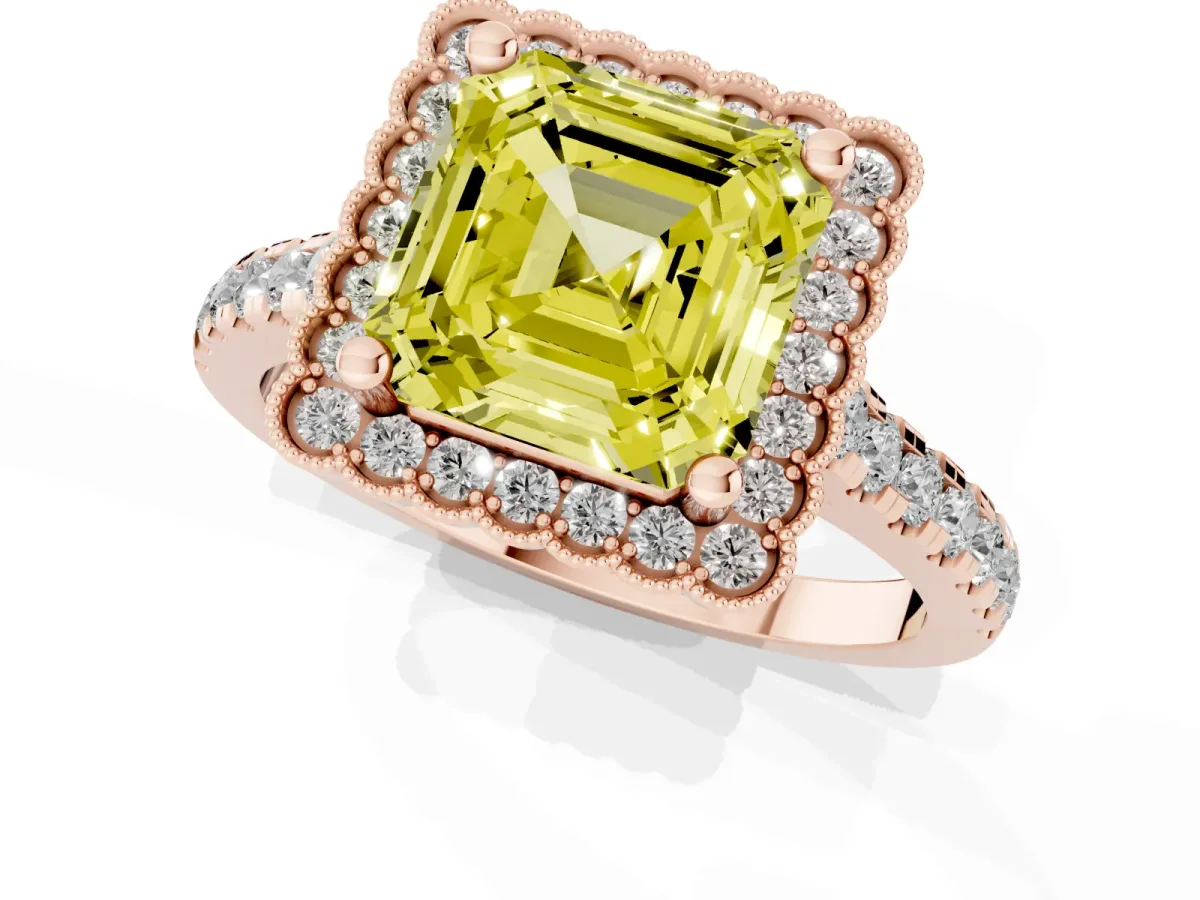 Fancy Yellow Asscher Cut Cut Diamond Milgrain Floral Halo Engagement Ring with Pavé Band Rose gold