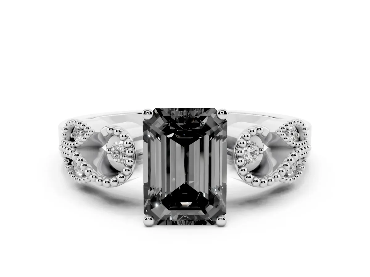 Fancy Black Emerald Cut Solitaire Milgrain Leaf Band with Prong Setting Silver