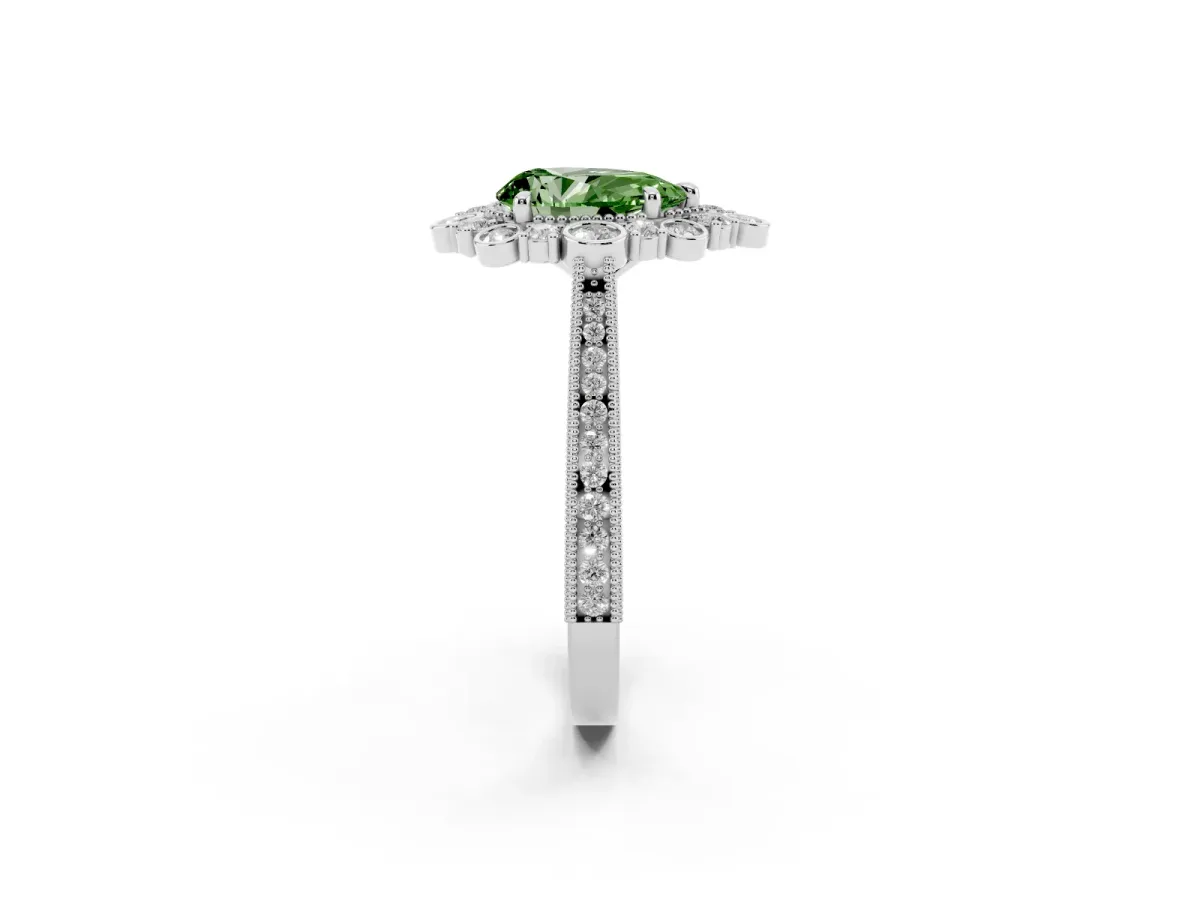 Fancy Green Pear Cut Halo Milgrain Pave Diamond Ring with Four-Prong Setting Silver