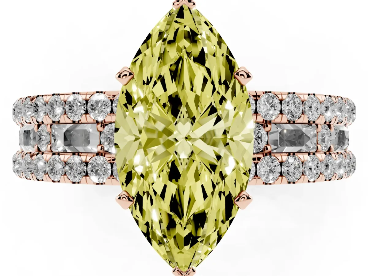 Fancy Yellow Marquise Cut Diamond Solitaire Ring with Pavé and Channel Set Band Rose gold