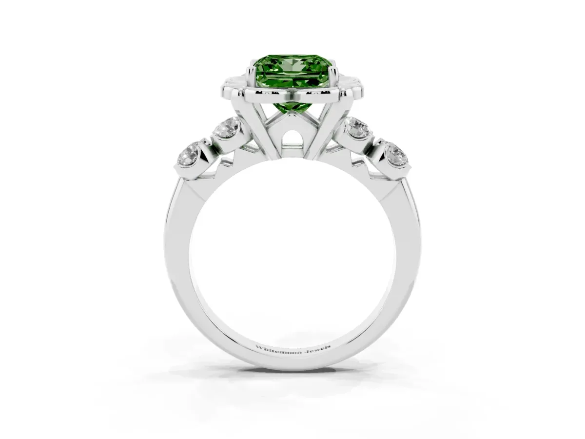 Fancy Green Princess Cut Cut Diamond Floral Halo Engagement Ring with Shared Prong Setting Platinum