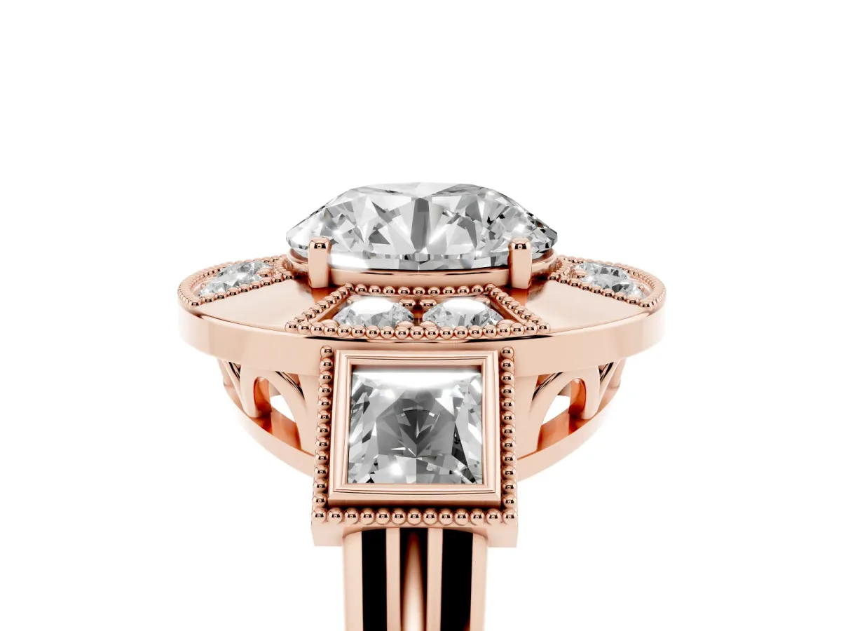 Milgrain Round Cut Diamond Halo Split Shank Ring Rose gold