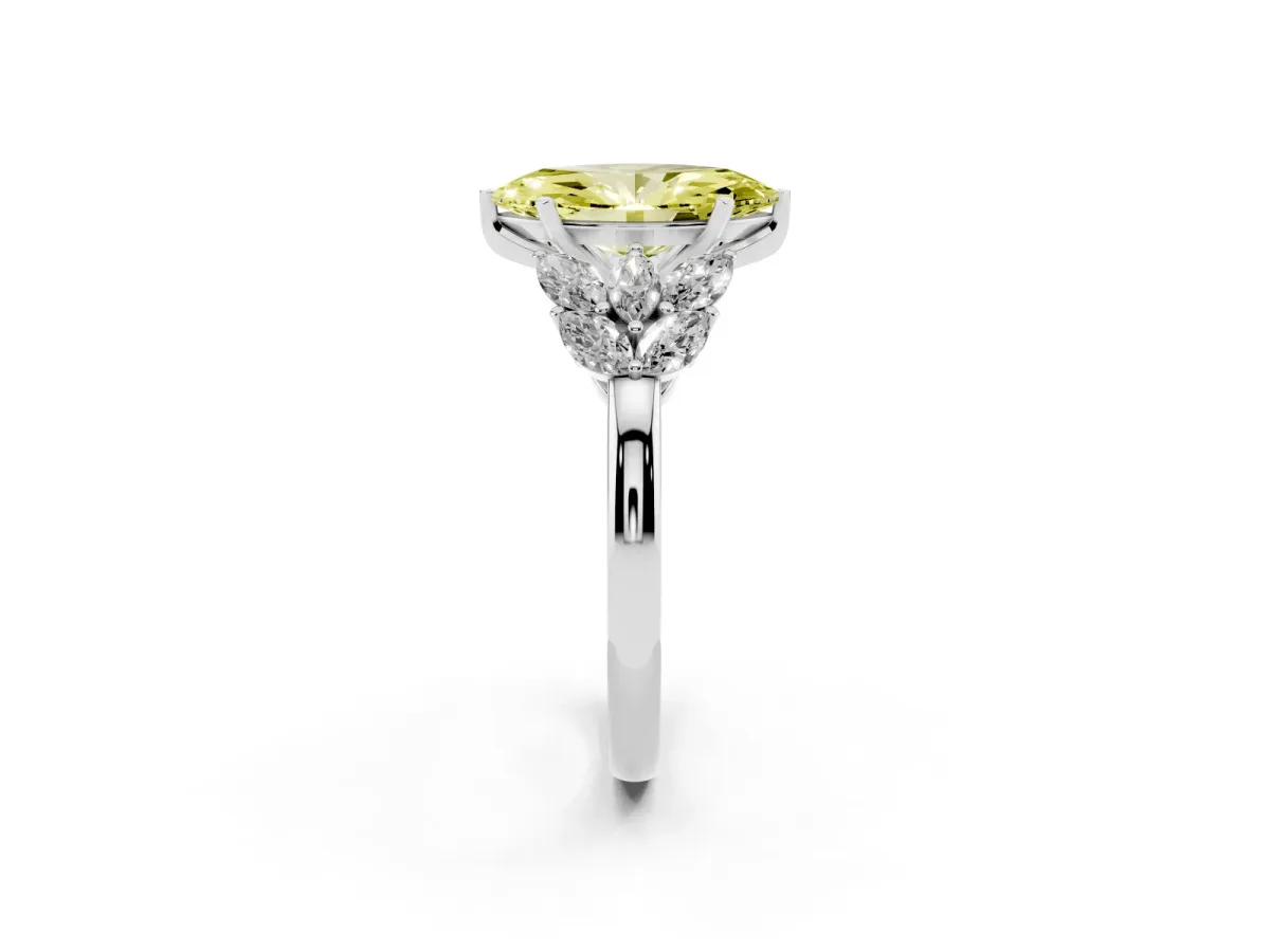 Fancy Yellow Marquise Cut Diamond Cluster Leaf Design Ring with Prong Setting White gold