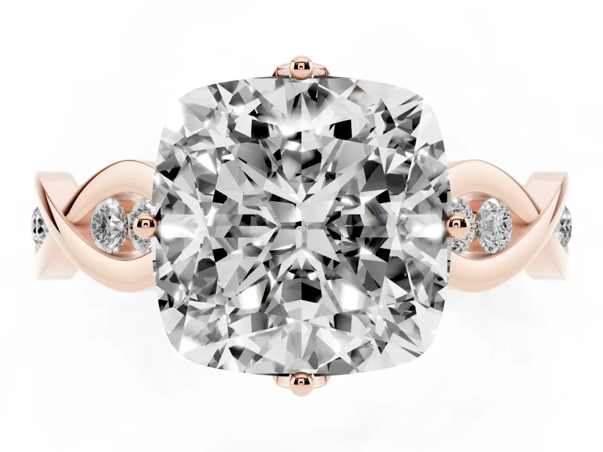 Cushion Cut Solitaire Twist Band with Leaf Prong Setting Rose gold