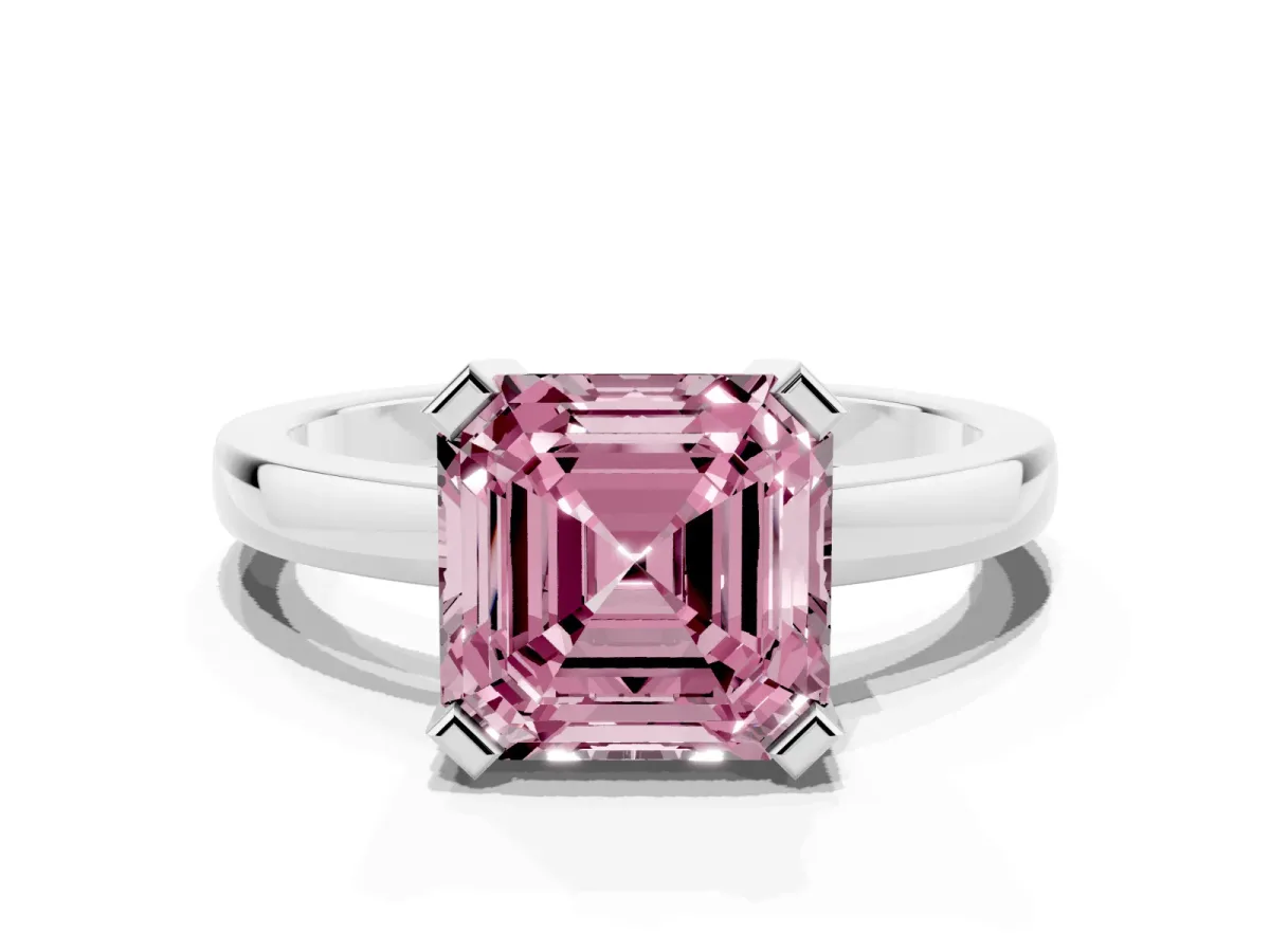 Fancy Pink Asscher Cut Cut Solitaire Ring with Four-Prong Setting and Classic Band Silver
