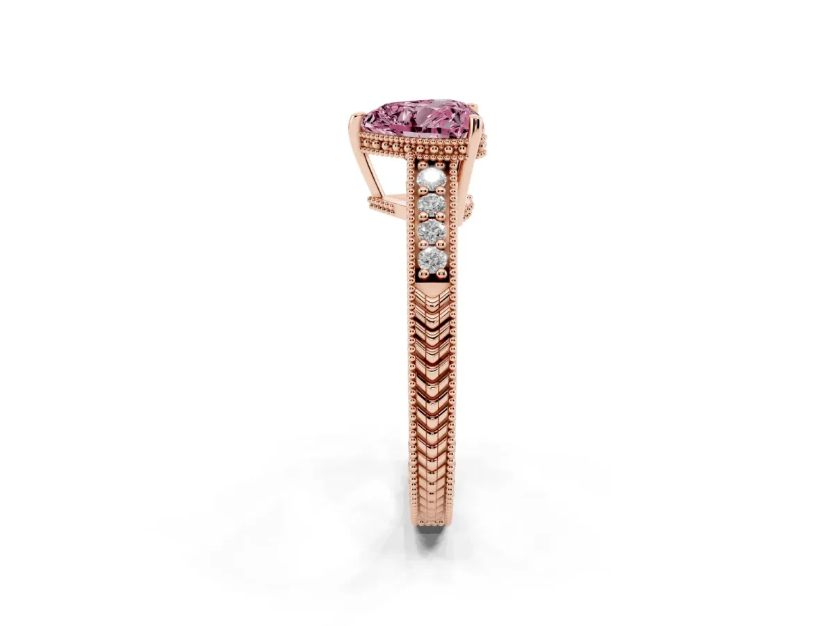 Fancy Pink Heart Cut Solitaire Pavé Diamond Milgrain Engagement Ring with Four-Prong Setting Rose gold