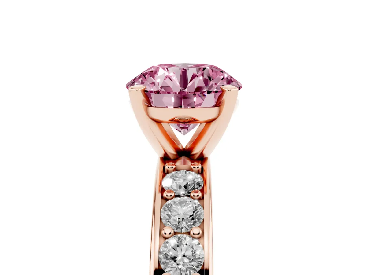 Fancy Pink Round Cut Diamond Engagement Ring with Channel Set Round Band and Prong Setting Rose gold