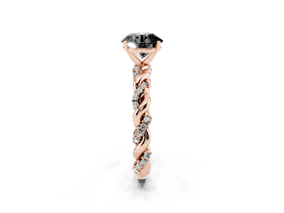 Fancy Black Round Cut Diamond Solitaire Ring with Twisted Band and Pavé Accents Rose gold