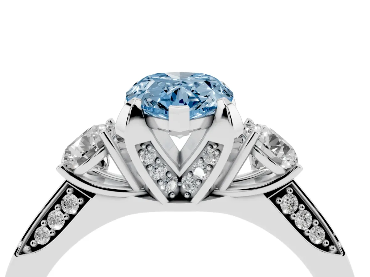 Fancy Blue Pear Cut Brilliant Three-Stone Diamond Ring with Pavé Band and Four-Prong Setting Silver