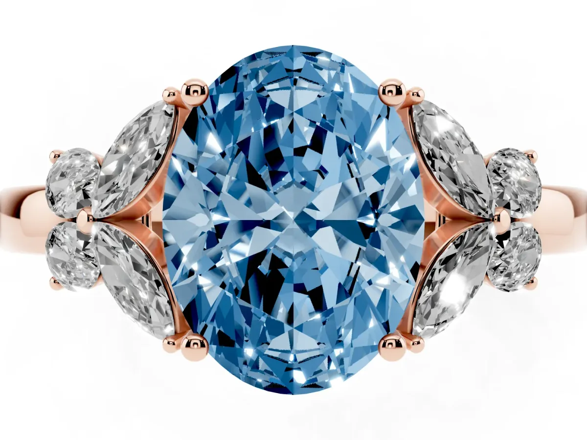 Fancy Blue Oval Cut Cut Solitaire Floral Diamond Ring with Four-Prong Setting Rose gold