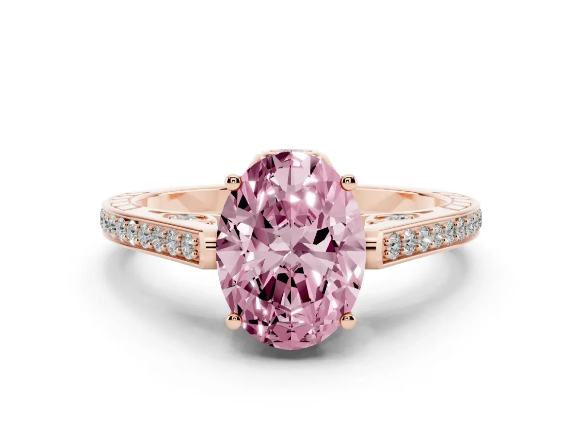 Fancy Pink Oval Cut Cut Cathedral Pave Diamond Engagement Ring with Six-Prong Setting Rose gold