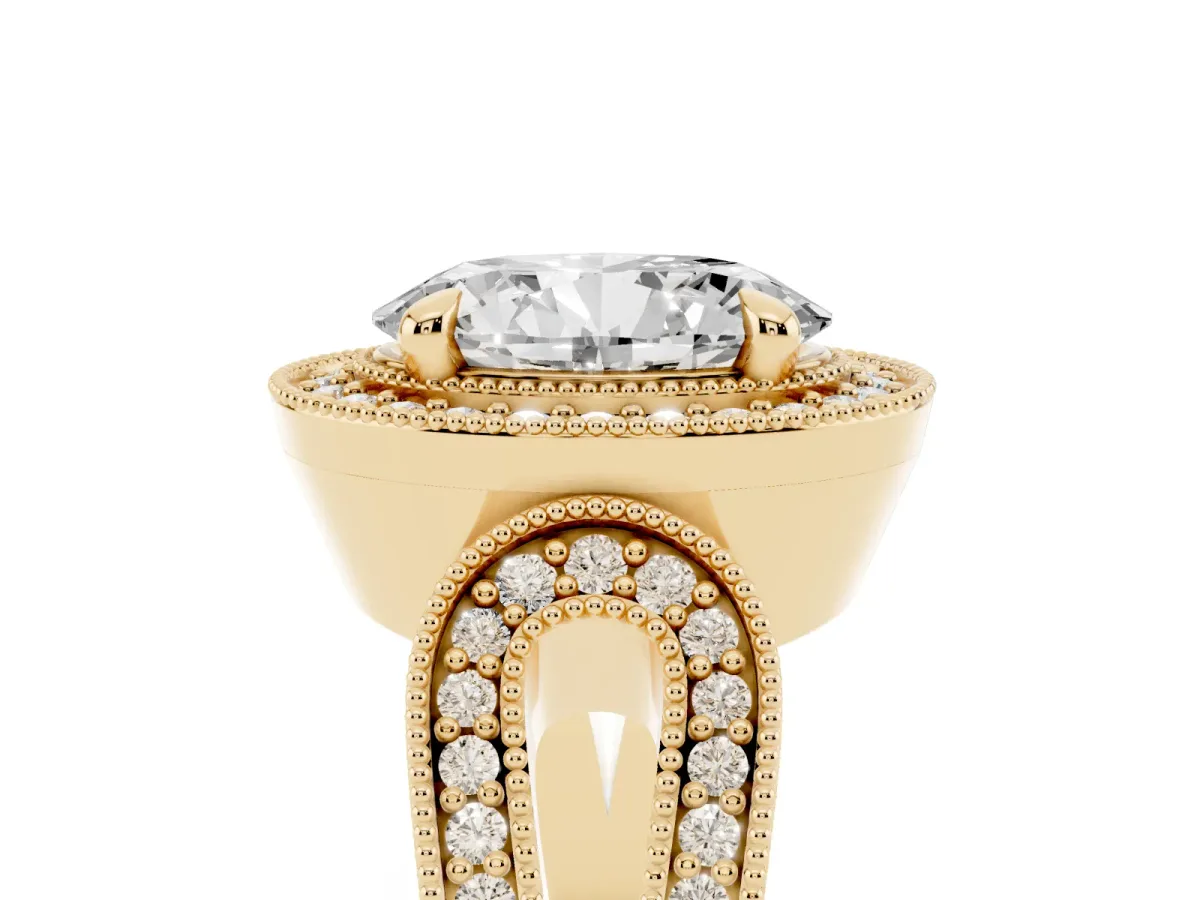 Oval Cut Halo Split Shank Milgrain Diamond Ring Yellow gold