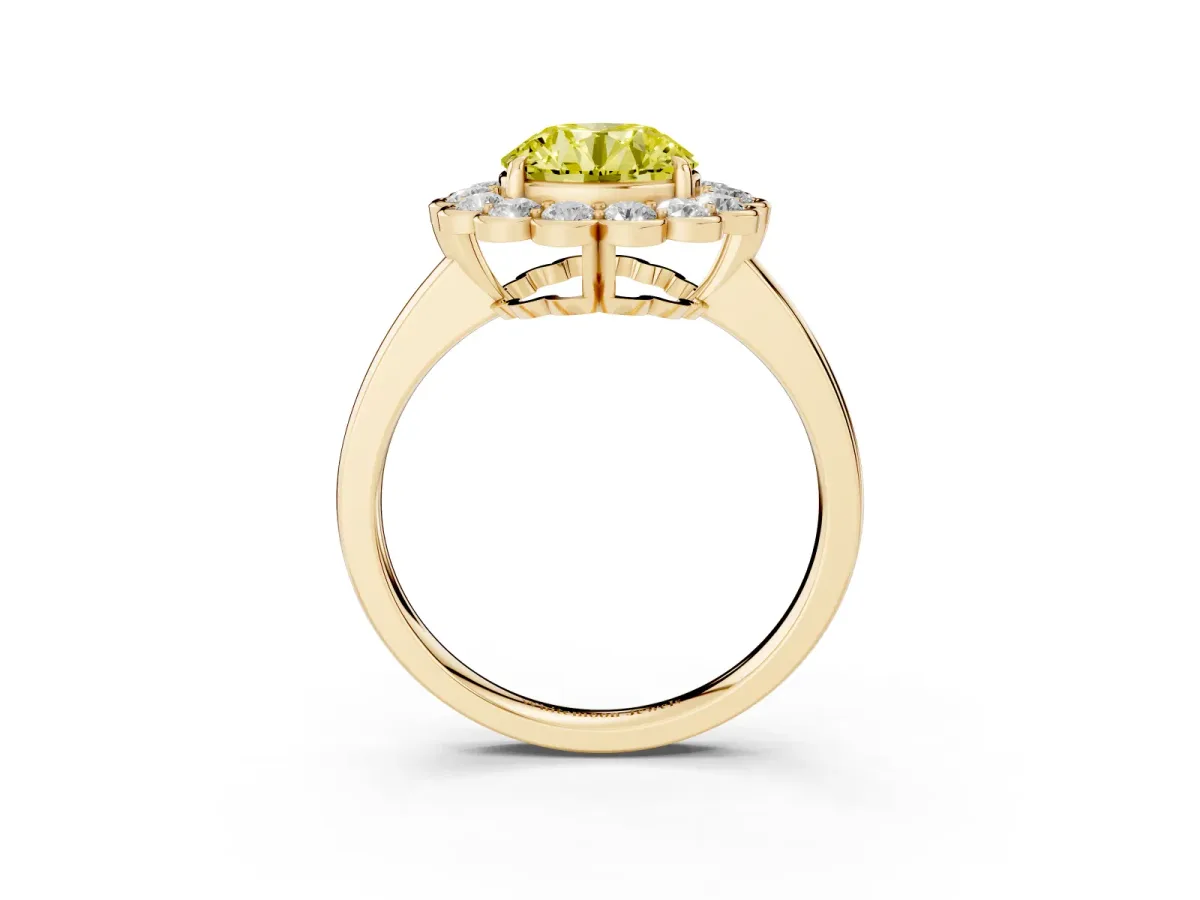 Fancy Yellow Round Cut Halo Cluster Diamond Engagement Ring with Solitaire Band and Prong Setting Yellow gold