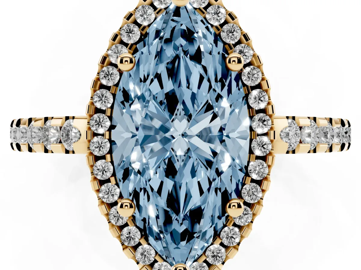Fancy Blue Marquise Cut Diamond Halo Engagement Ring with Pavé Band and Prong Setting Yellow gold