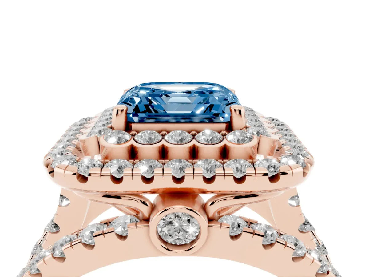 Fancy Blue Asscher Cut Diamond Double Halo Ring with Round Pavé Split Shank and Prong Setting Rose gold