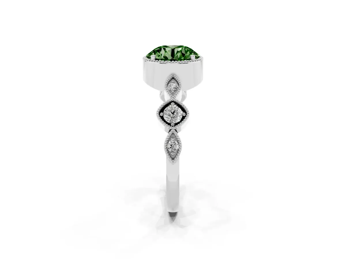 Fancy Green Round Cut Diamond Vintage Milgrain Ring with Round Stations Silver
