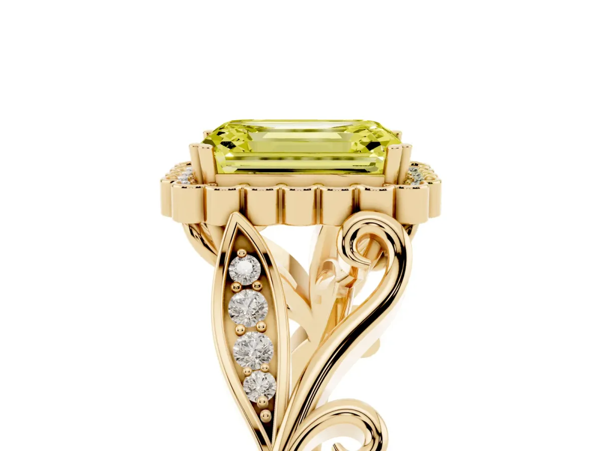 Fancy Yellow Emerald Cut Diamond Halo Ring with Vintage Split Shank and Four-Prong Setting Yellow gold