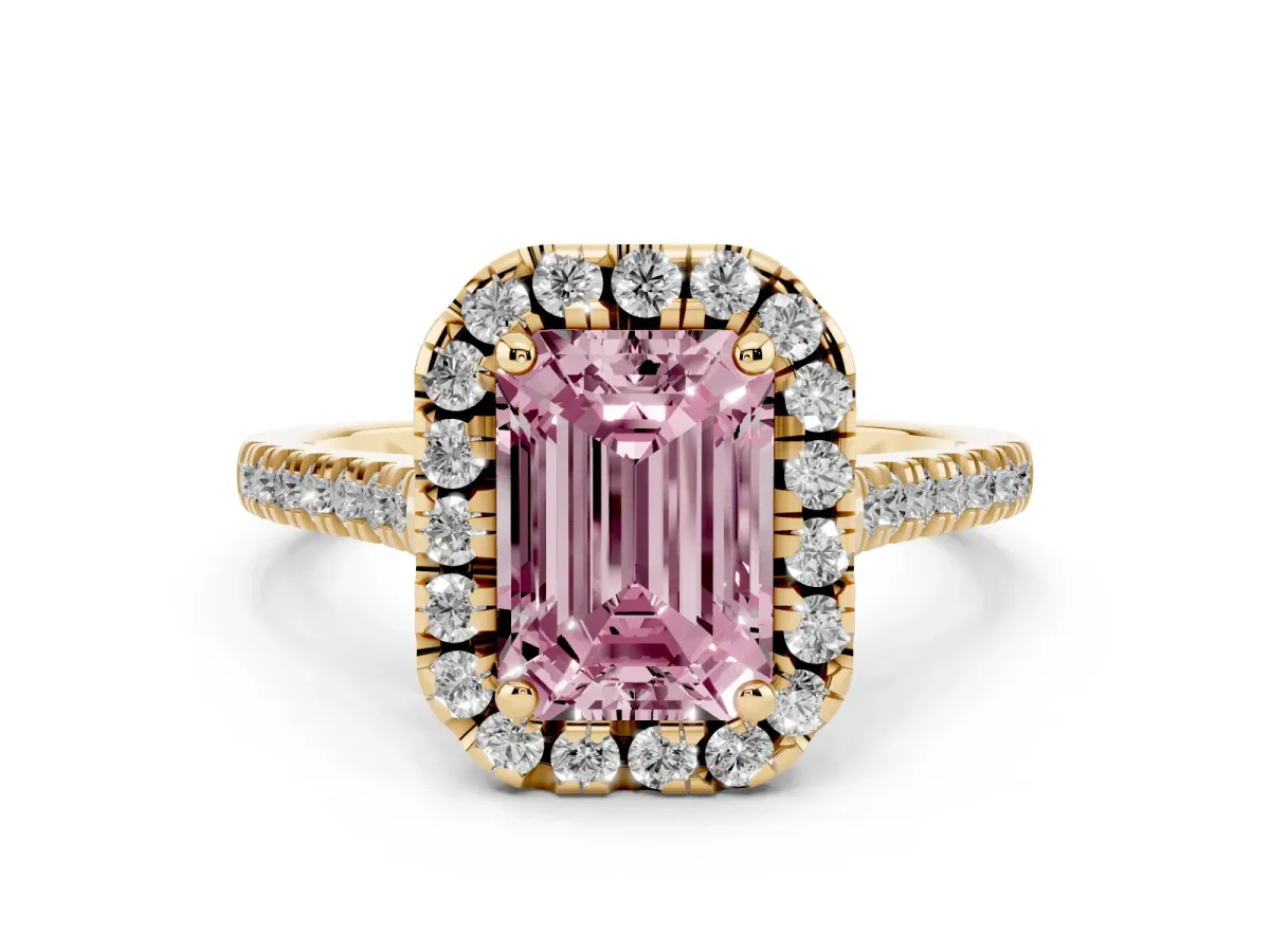 Fancy Pink Emerald Cut Diamond Cushion Halo Ring with Pavé Band Yellow gold