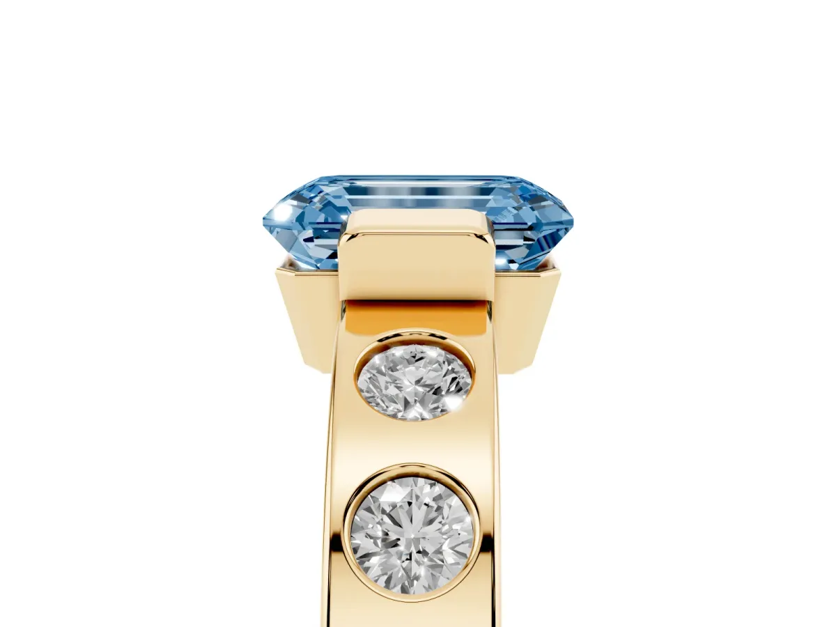 Fancy Blue Emerald Cut Brilliant Channel-Set Diamond Ring with Bezel Prong Setting Yellow gold