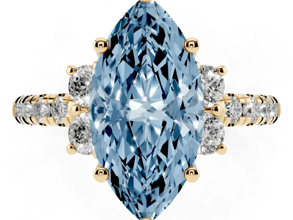 Fancy Blue Marquise Cut Diamond Three-Stone Pave Band with Four-Prong Setting Yellow gold