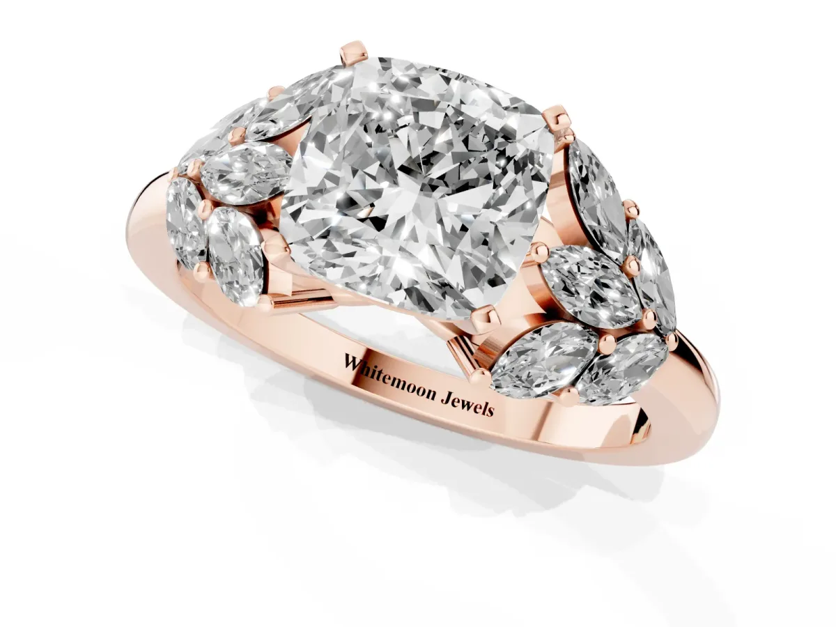 Cushion Cut Diamond Cluster Leaf Design Ring with Prong Setting Rose gold