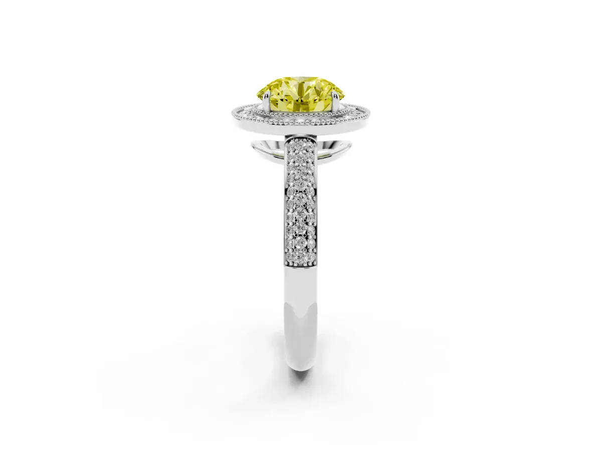 Fancy Yellow Round Cut Cut Halo Diamond Pave Band with Four-Prong Setting Silver
