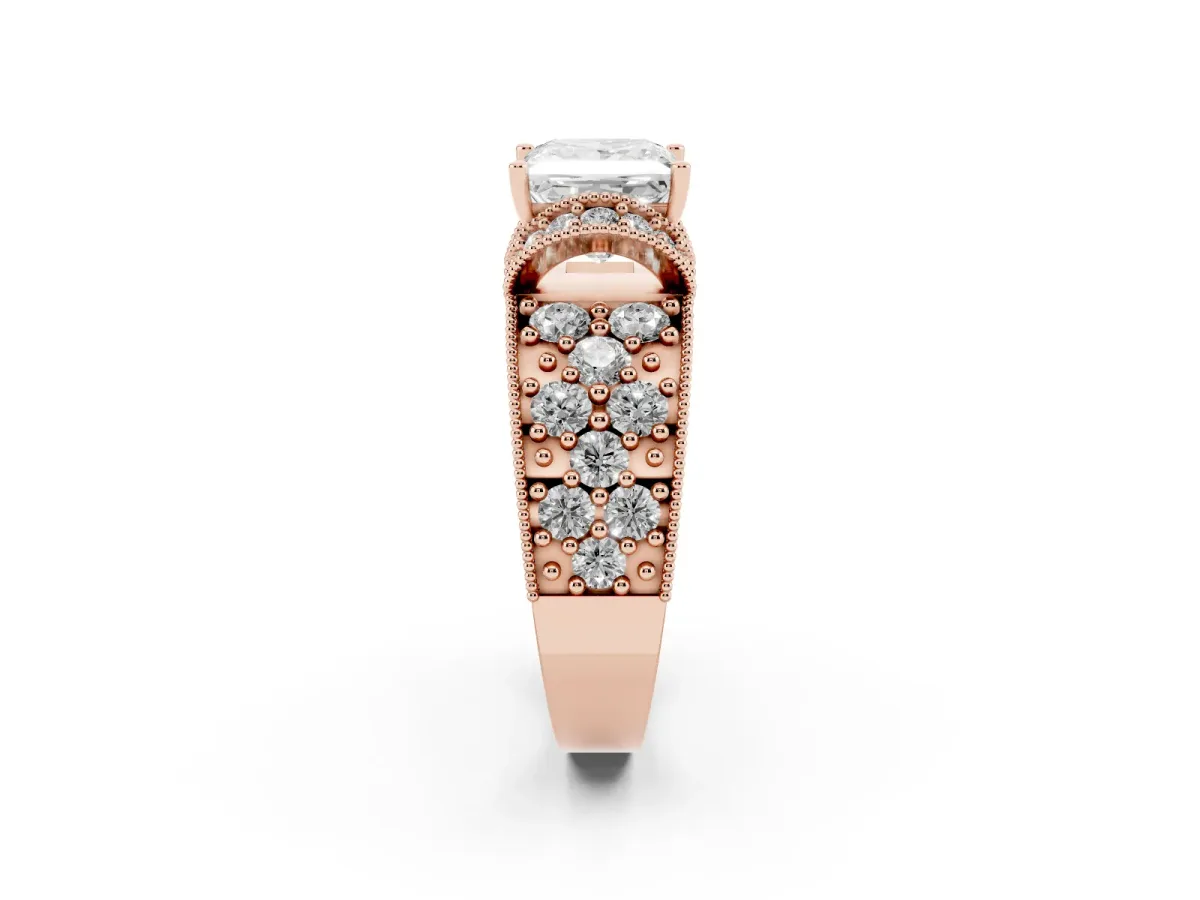 Princess Cut Halo Pave Diamond Engagement Ring with Milgrain Detailing Rose gold
