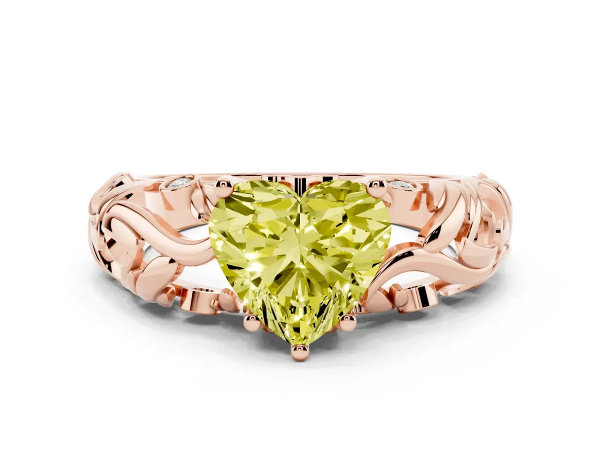 Fancy Yellow Heart Cut Solitaire Diamond Leaf-Inspired Vine Band Ring with Prong Setting Rose gold