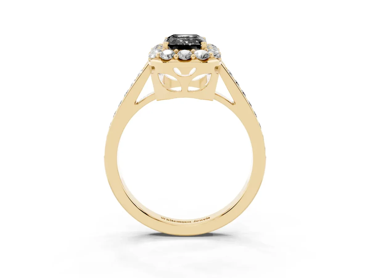 Fancy Black Emerald Cut Diamond Floral Halo Ring with Pavé Band and Prong Setting Yellow gold