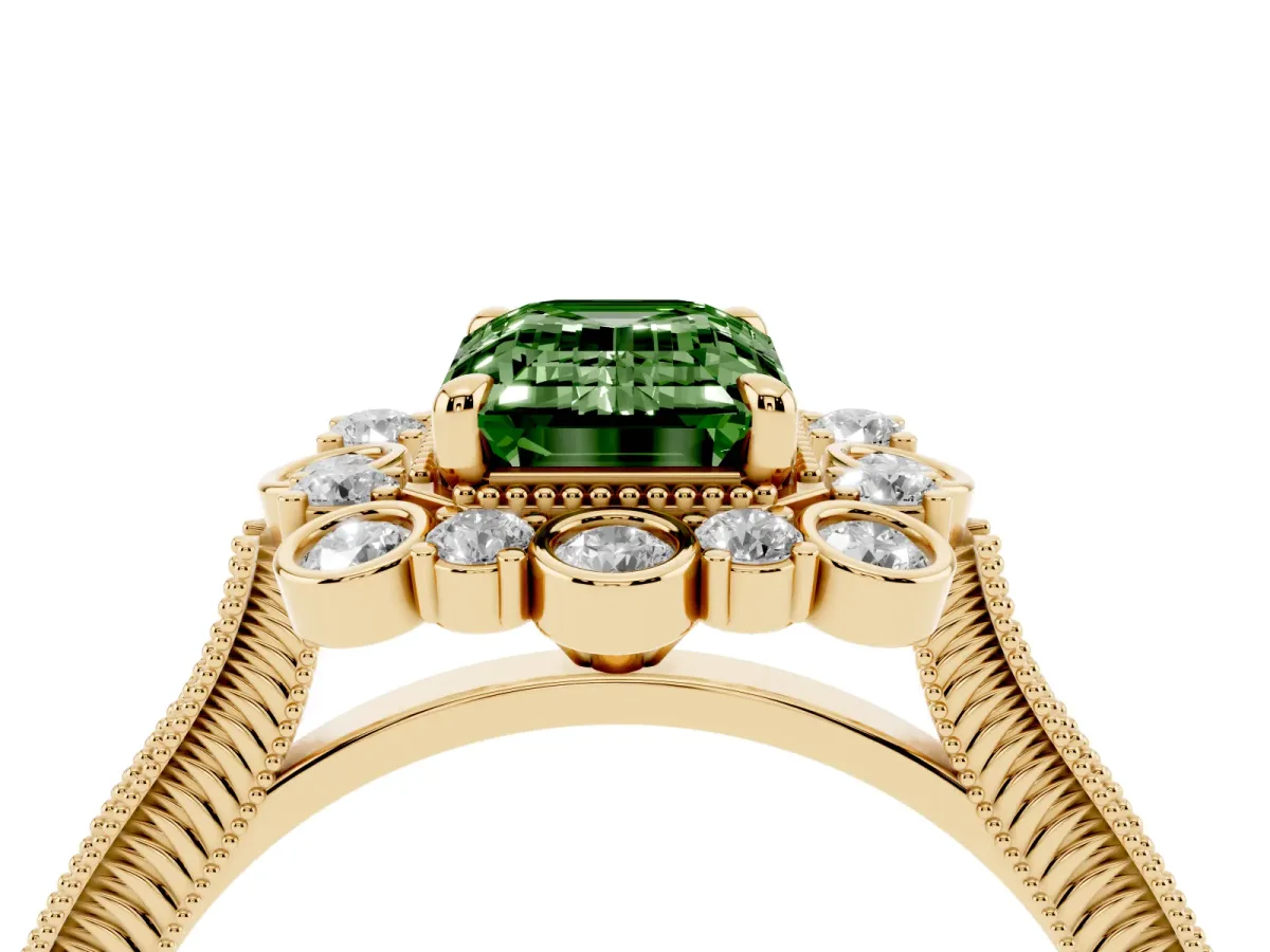 Fancy Green Emerald Cut Halo Milgrain Pave Diamond Ring with Four-Prong Setting Yellow gold