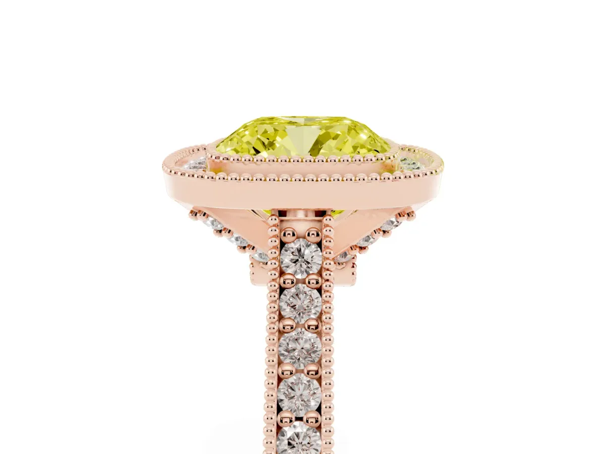 Fancy Yellow Halo Cushion Cut-Cut Diamond Pave Band Milgrain Prong Setting Ring Rose gold