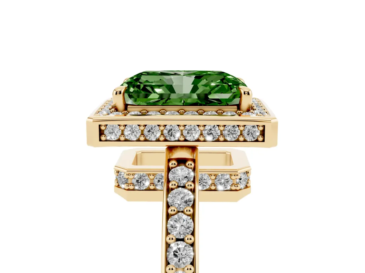 Fancy Green Radiant Cut Halo Pave Band Solitaire Ring with Prong Setting Yellow gold