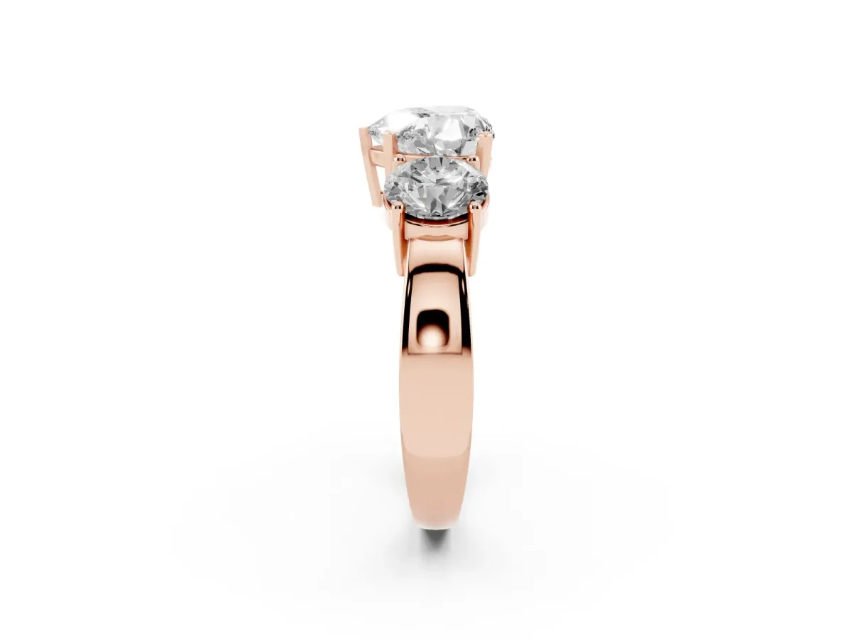 Three-Stone Heart Cut Diamond Ring with Round Side Stones, Classic Band, and Four-Prong Setting Rose gold