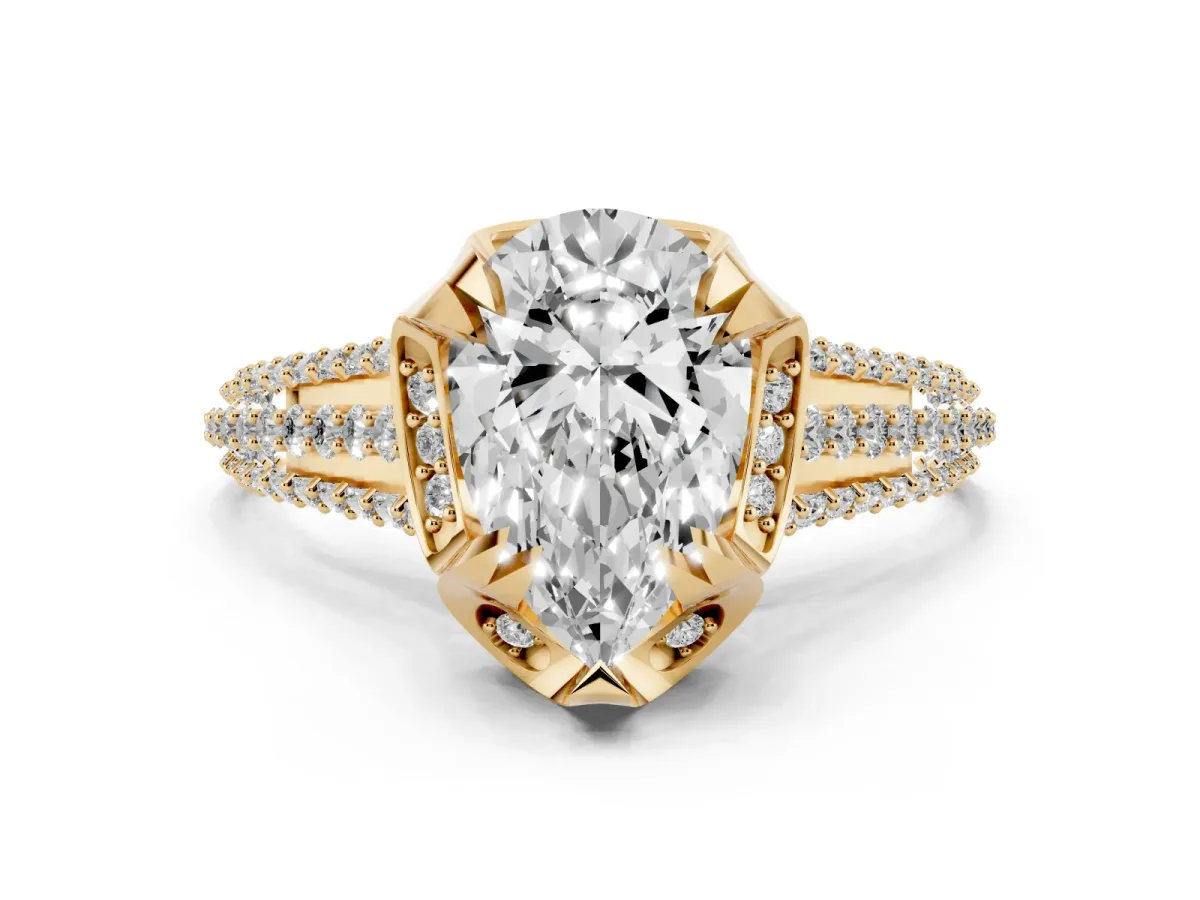 Pear Cut Solitaire Pave Split Shank Ring with Four-Prong Setting Yellow gold