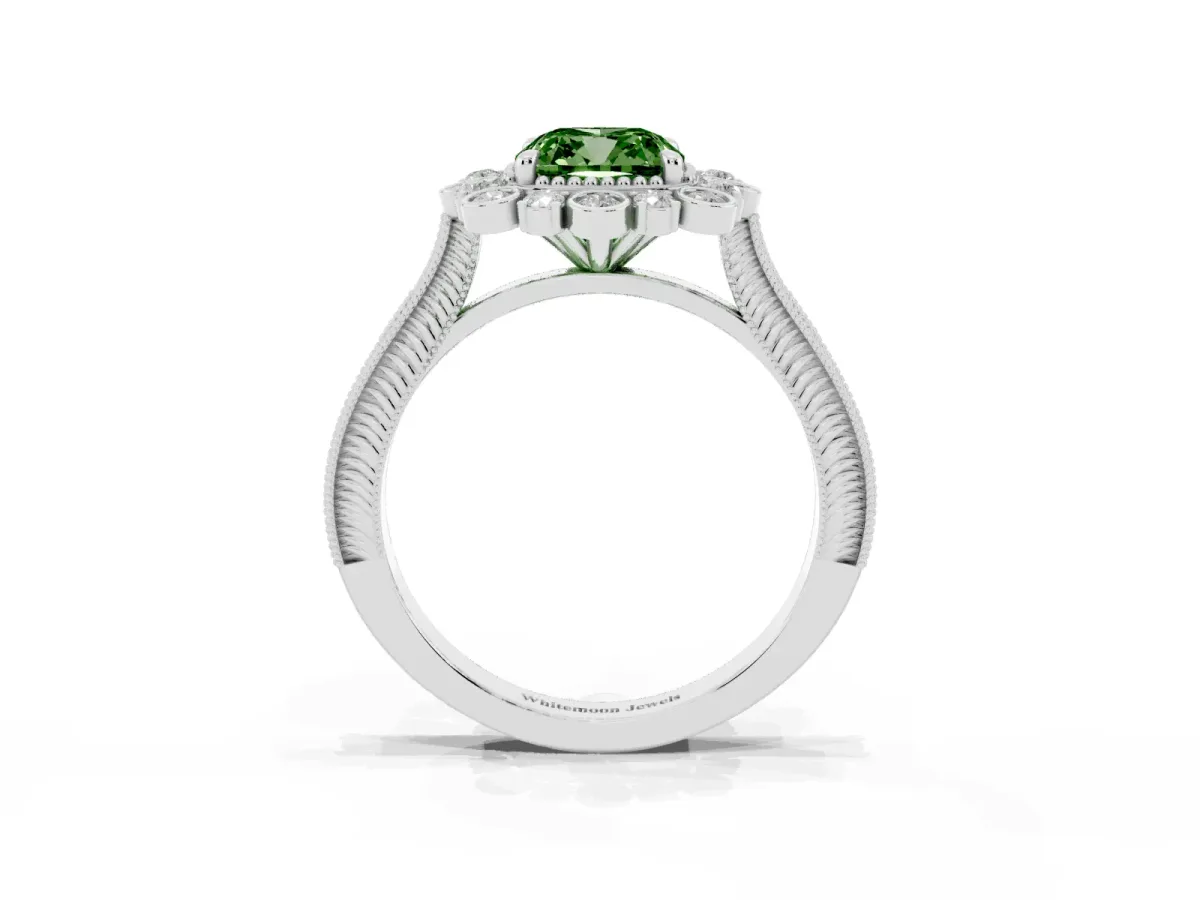 Fancy Green Cushion Cut Halo Milgrain Pave Diamond Ring with Four-Prong Setting Silver