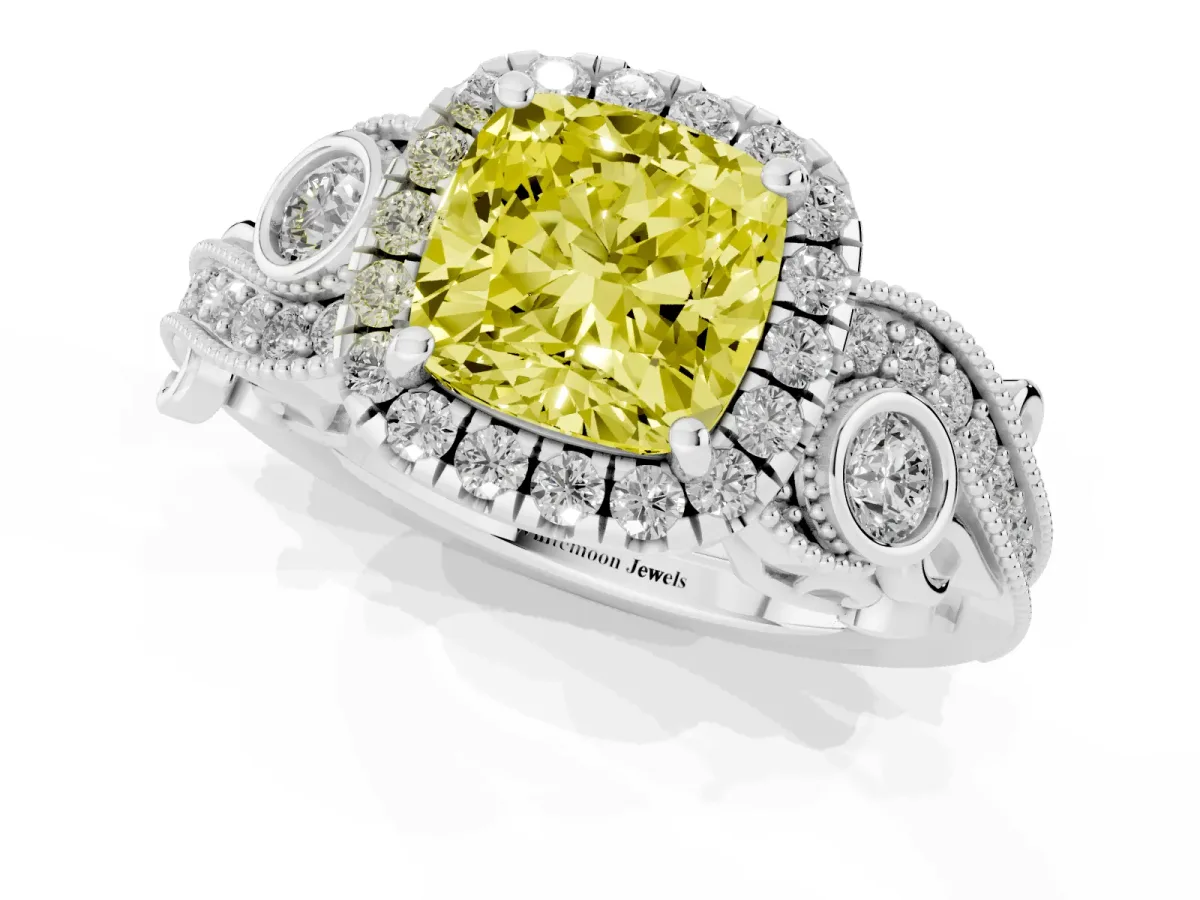 Fancy Yellow Cushion Cut Diamond Halo Ring with Milgrain Pavé Band and Four-Prong Setting Silver
