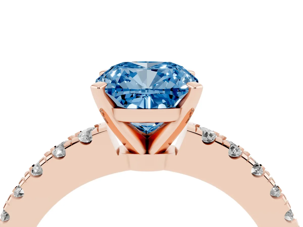Fancy Blue Cushion Cut Solitaire Diamond with Pavé Band and Four-Prong Setting Rose gold