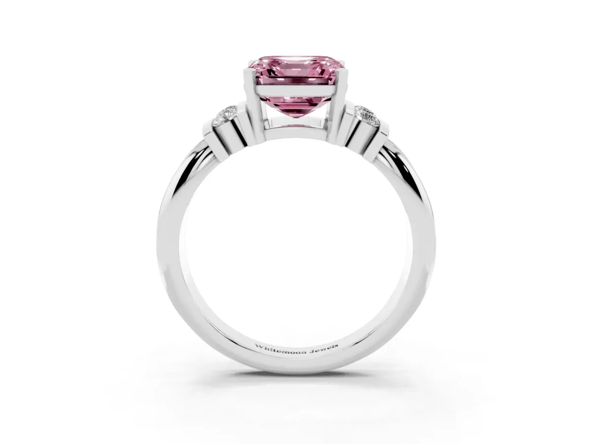 Fancy Pink Asscher Cut Cut Three-Stone Channel Set Ring with Bar Prongs Silver