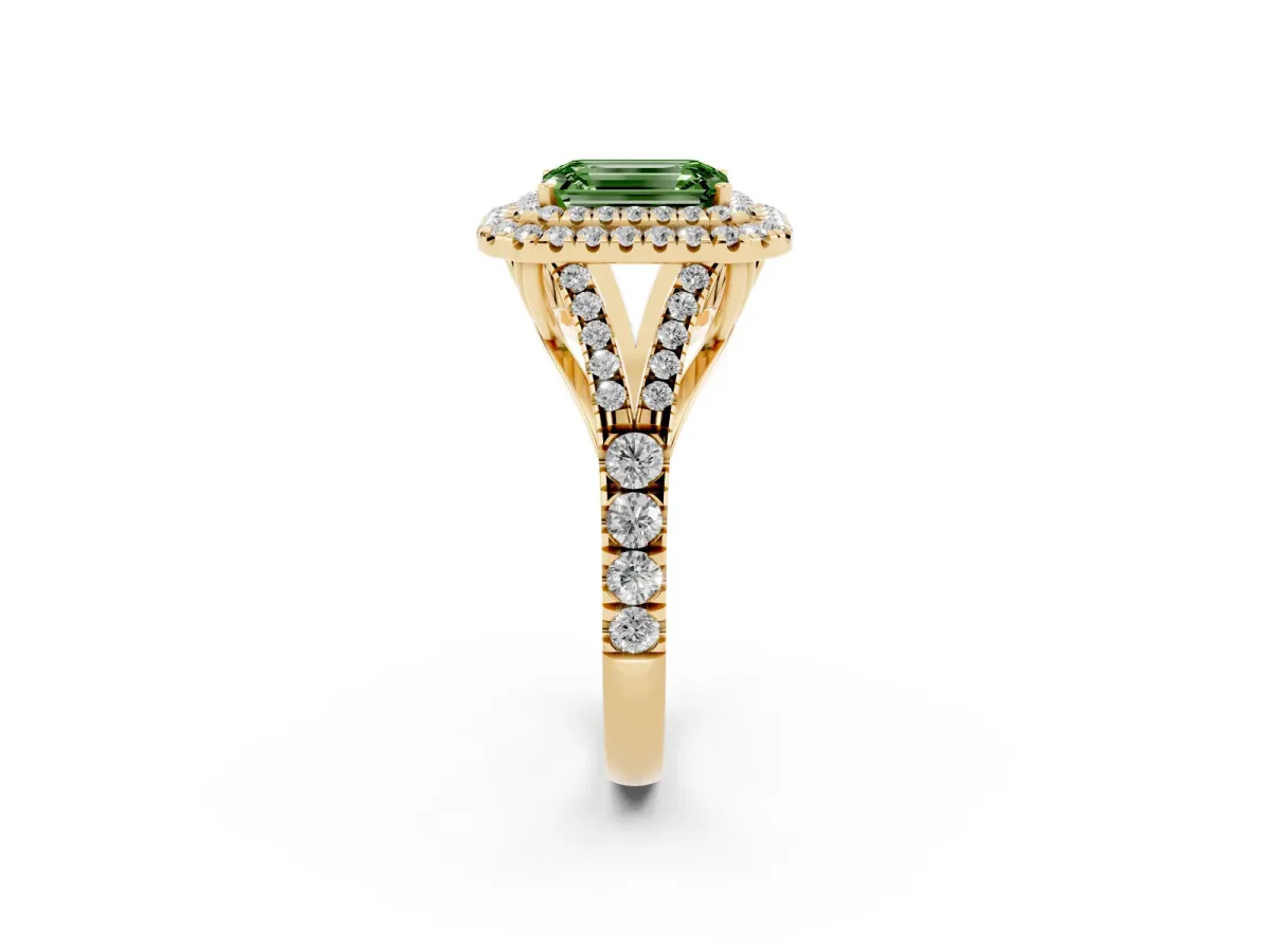 Fancy Green Emerald Cut Diamond Pavé Split Shank Double Halo Engagement Ring Yellow gold