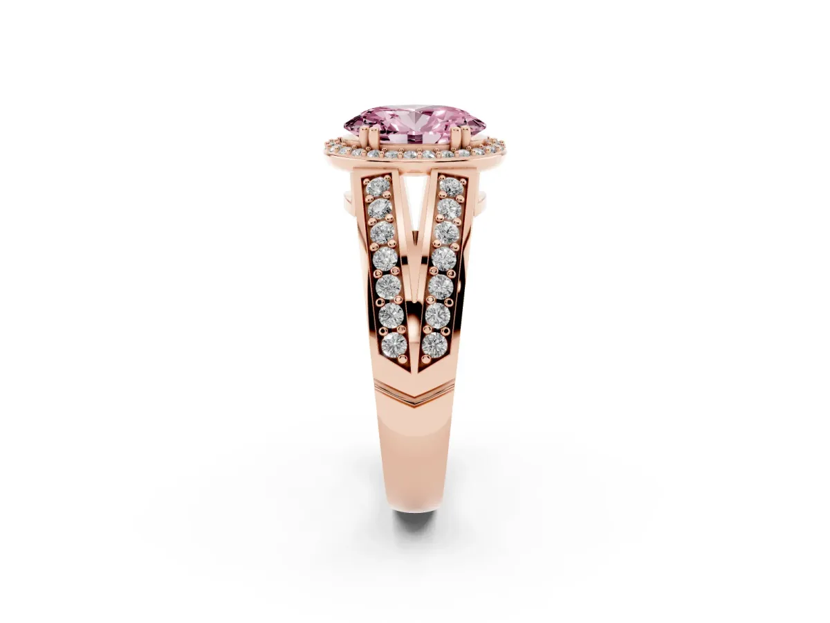 Fancy Pink Oval Cut Diamond Halo Ring with Split Shank Pavé Band and Four-Prong Setting Rose gold