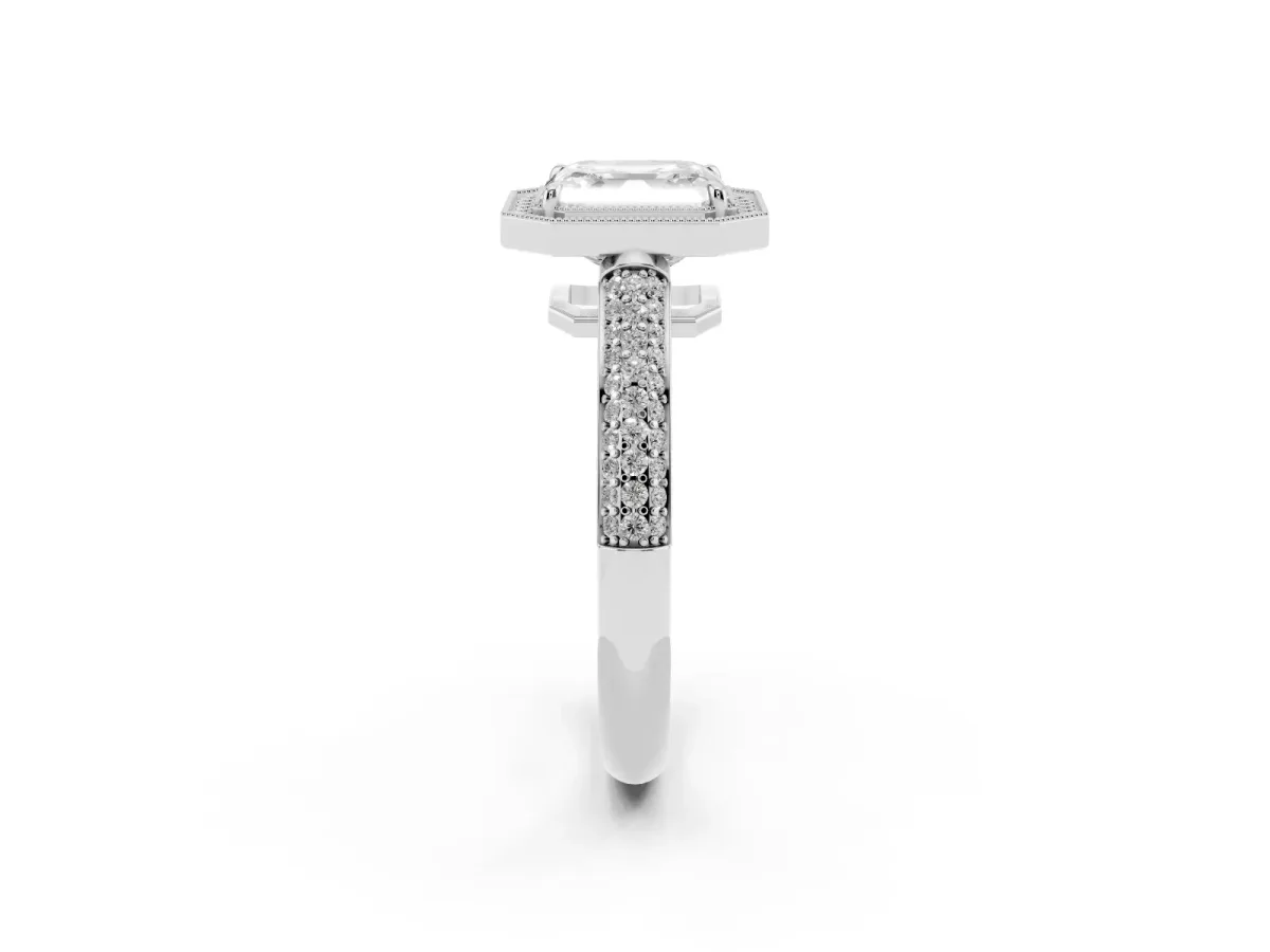 Asscher Cut Cut Halo Diamond Pave Band with Four-Prong Setting White gold