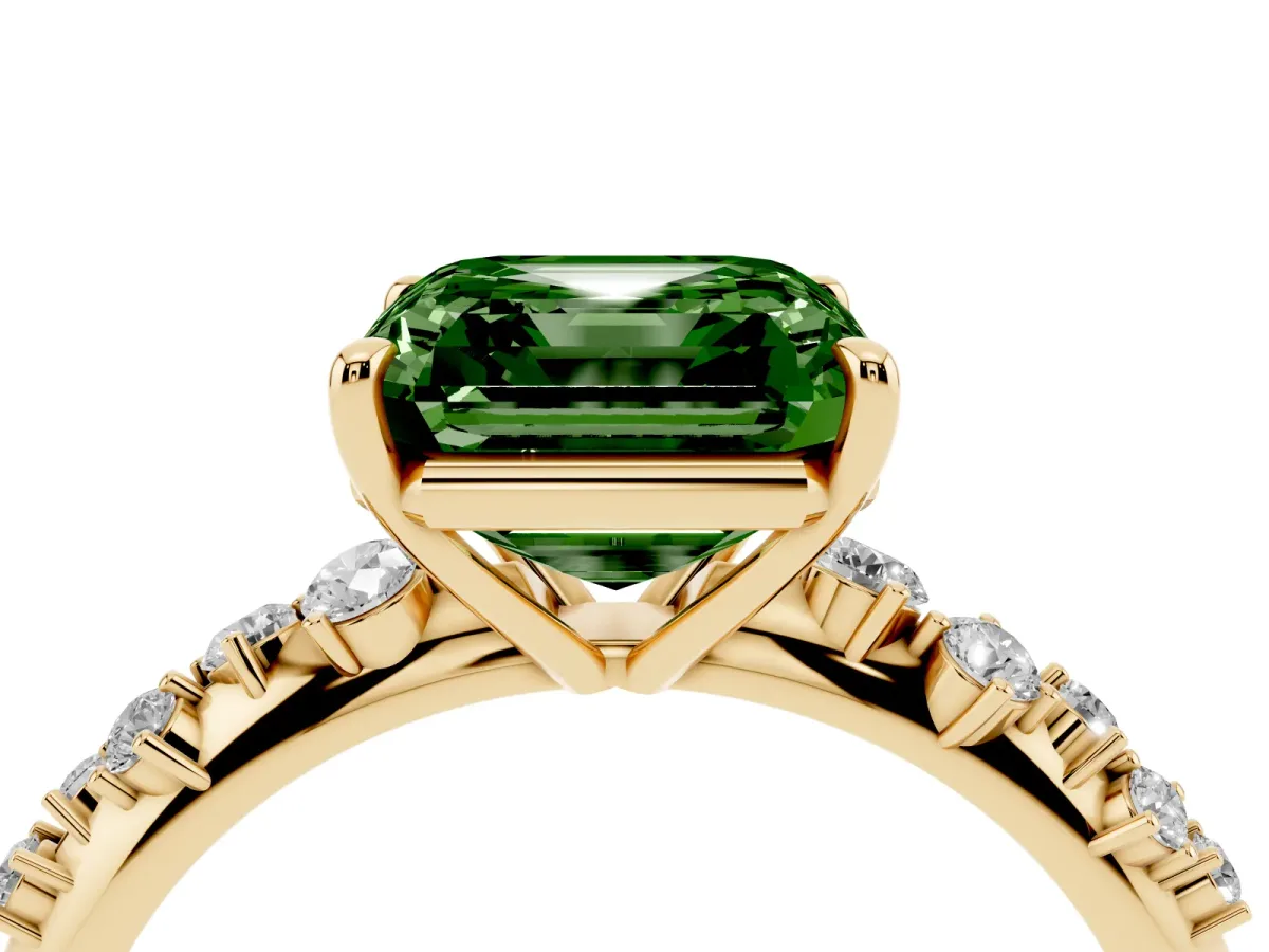 Fancy Green Asscher Cut Diamond Cluster Side Stone Solitaire Ring with Prong Setting Yellow gold