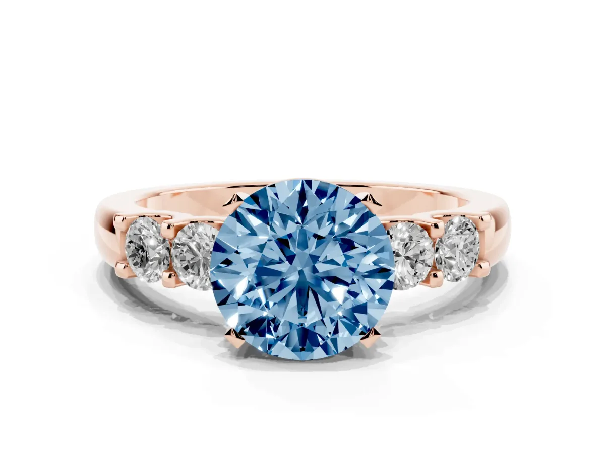 Fancy Blue Round Cut Brilliant Cut Diamond Five-Stone Prong Set Engagement Ring with Channel Band Rose gold