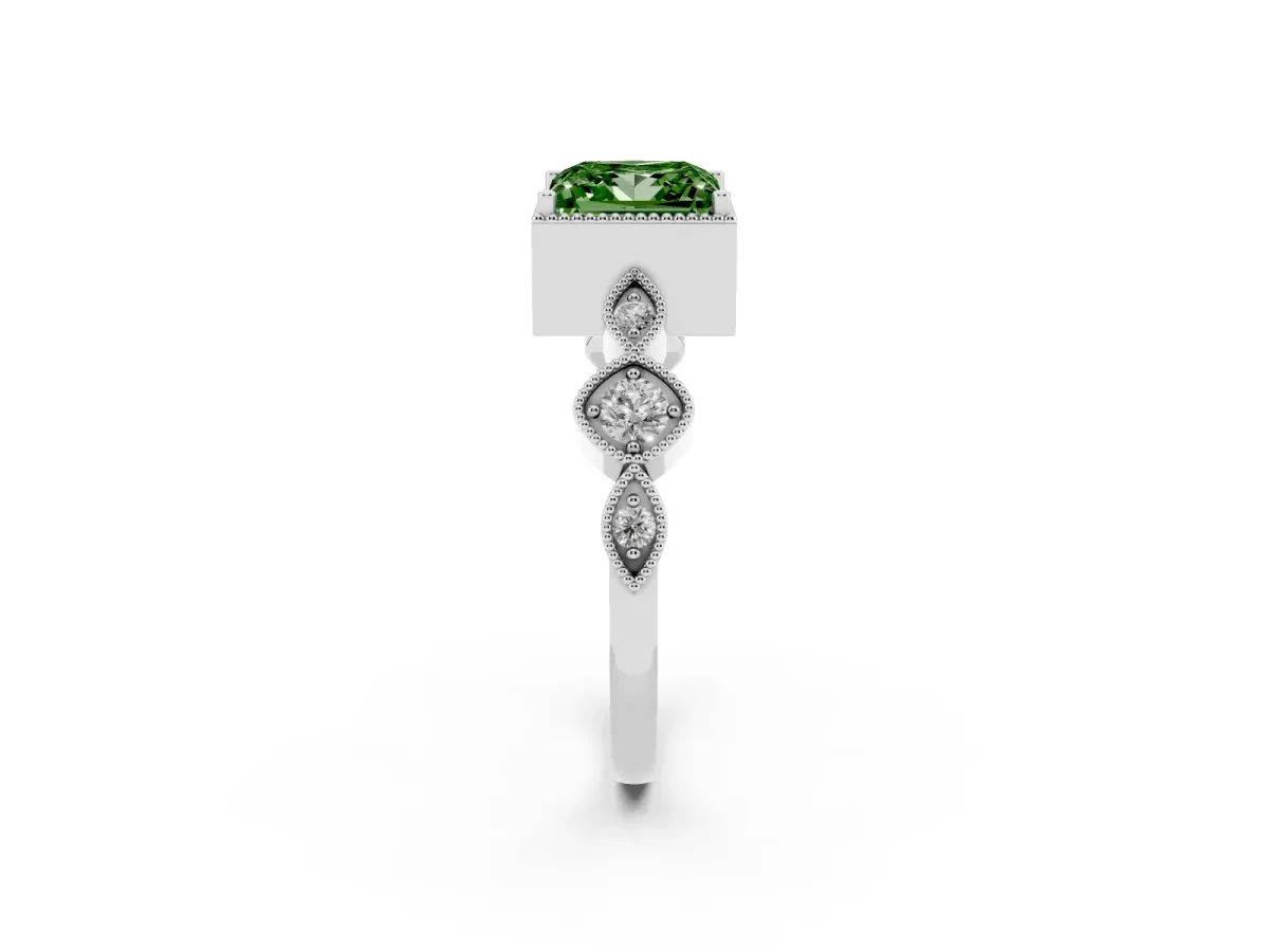 Fancy Green Princess Cut Diamond Vintage Milgrain Ring with Round Stations Silver
