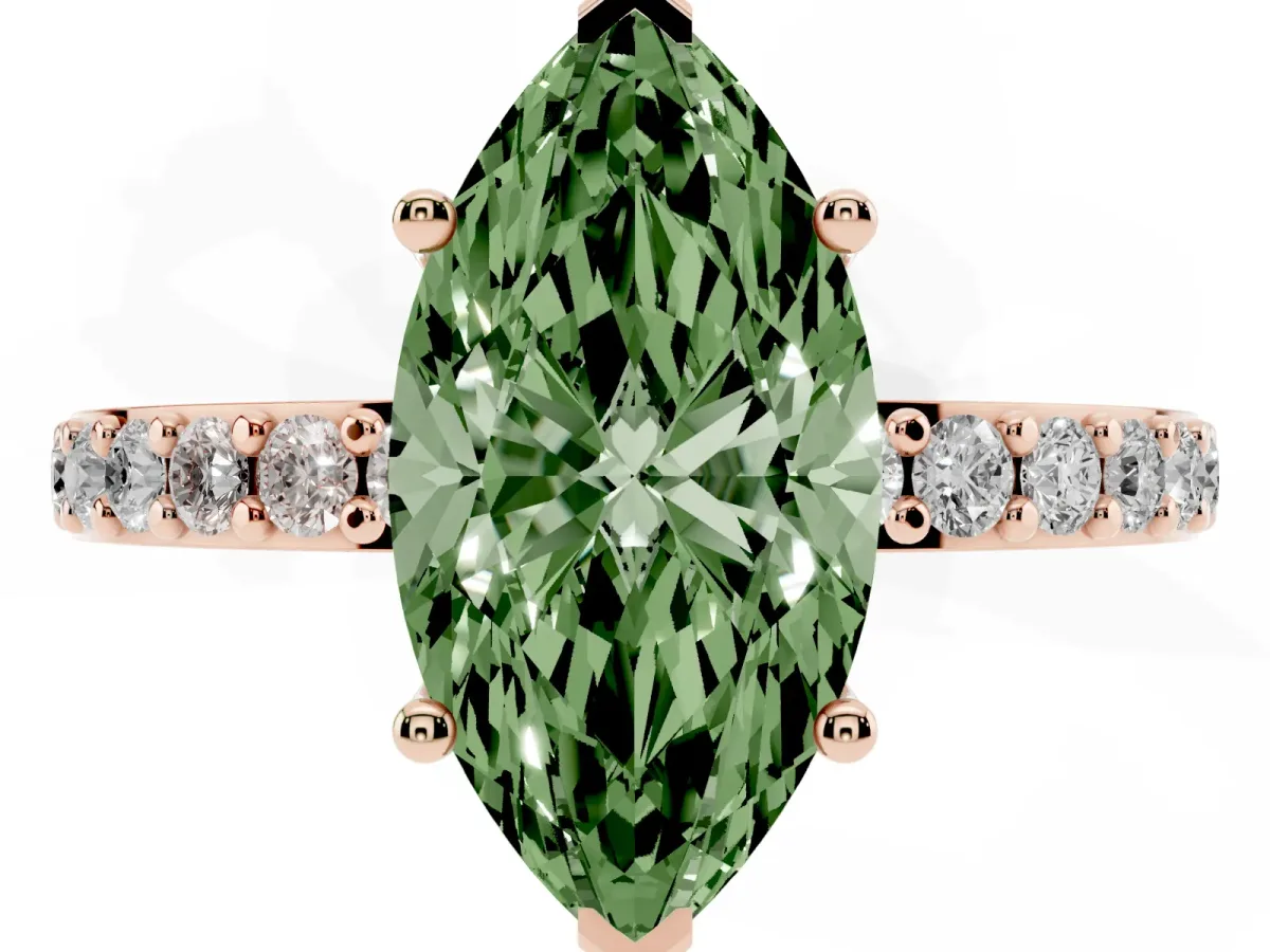 Fancy Green Marquise Cut Cut Diamond Solitaire with Pave Band and Four-Prong Setting Rose gold